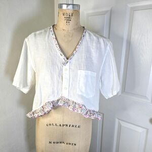 Upcycled‎ off white womens cottagecore Linen floral ruffle.  oversized S-M